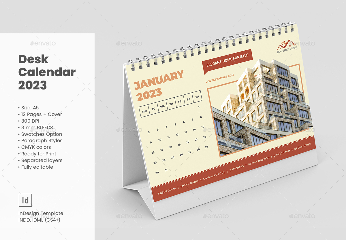 Desk Calendar 2023. Real Estate, Print Templates GraphicRiver
